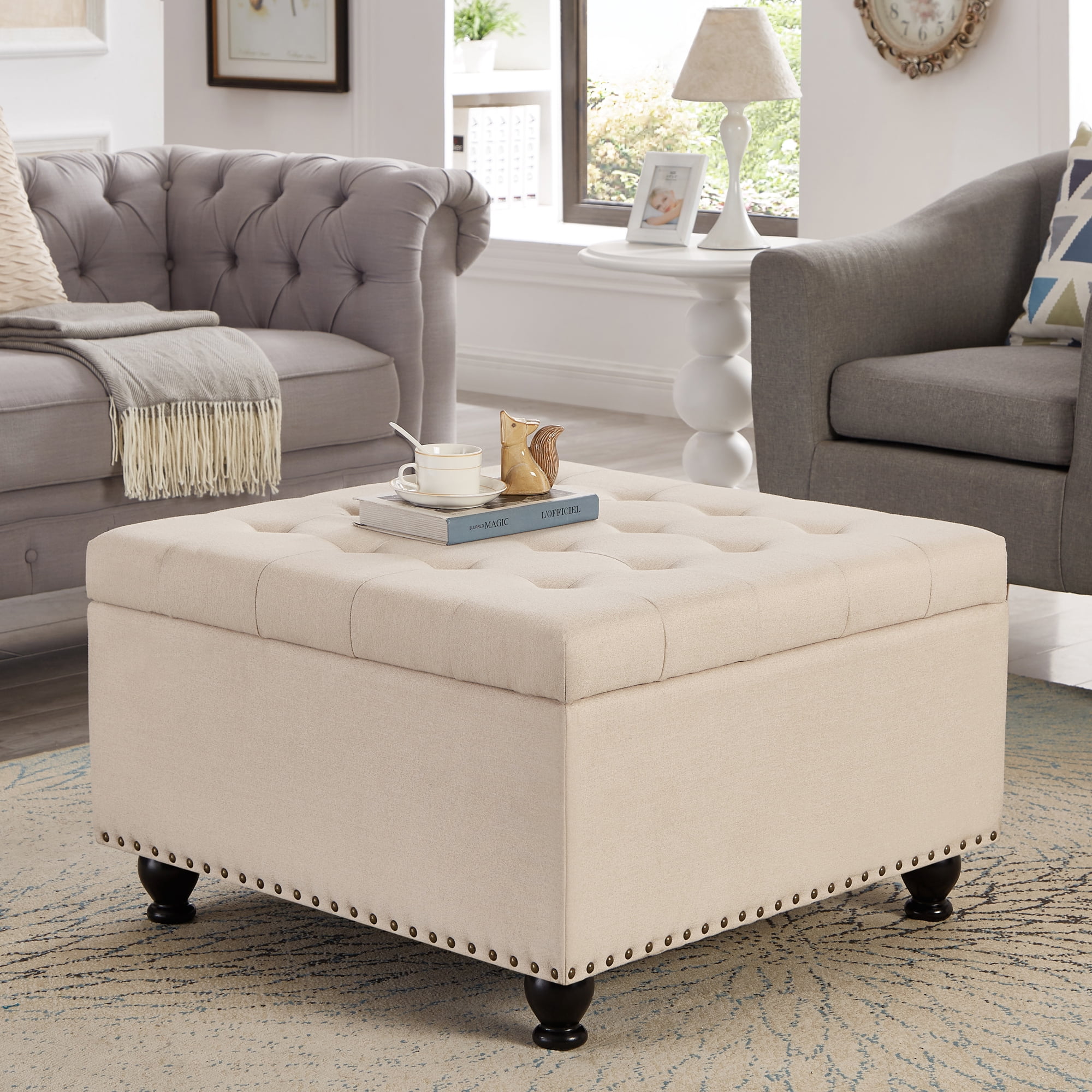 Square Storage Ottoman Coffee Table, Large Upholstered Ottoman with Hidden Storage, Button Tufted Bench with Nailhead Trim & Wooden Legs,Beige