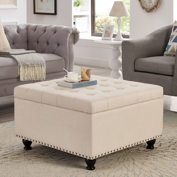 Square Storage Ottoman Coffee Table, Large Upholstered Ottoman with Hidden Storage, Button Tufted Bench with Nailhead Trim & Wooden Legs,Beige
