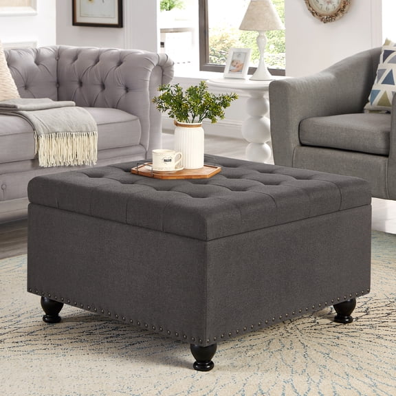 Square Storage Ottoman Coffee Table, Large Upholstered Ottoman with Hidden Storage, Button Tufted Bench with Nailhead Trim & Wooden Legs,Dark Gray