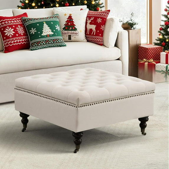 Square Storage Ottoman Coffee Table Tufted Upholstered Large Ottoman with Storage and Rolling Wheels Oversized Footrest Ottomans for Living Room, Beige Linen