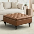 thumbnail image 1 of Square Storage Ottoman Coffee Table Tufted Upholstered Large Ottoman with Storage with Rolling Wheels Oversized Footrest Ottomans for Living Room, Brown Faux Leather, 1 of 7