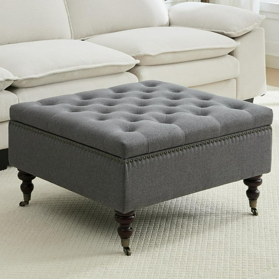 Square Storage Ottoman Coffee Table Tufted Upholstered Large Ottoman with Storage and Rolling Wheels Oversized Footrest Ottomans for Living Room, Dark Grey Linen