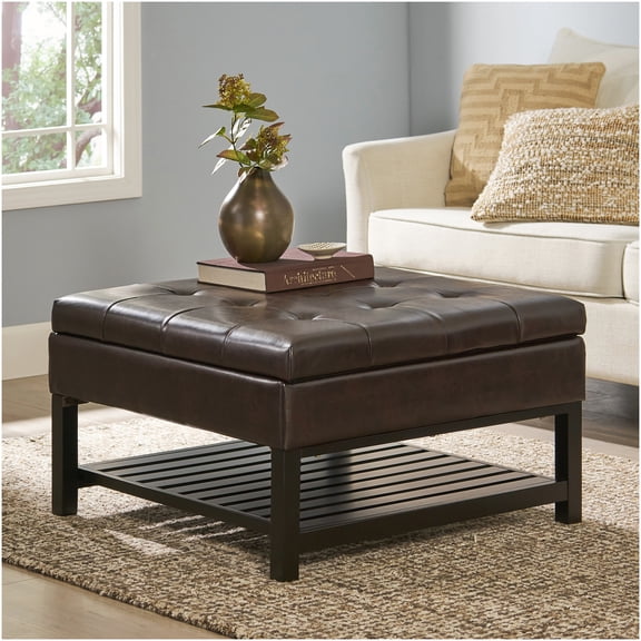Square Storage Ottoman Coffee Table with Lift Top, Brown PU Leather Tufted Bench for Living Room