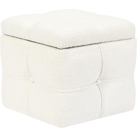 Square Storage Ottoman Cube, Boucle Upholstered Foot Rest Stool Small Footstool for Living Room, Bedroom, White