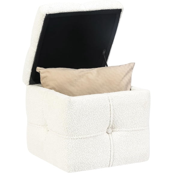 Square Storage Ottoman Cube Foot Rest Ottoman with Storage Small Loop Yarn Jacquard Fabric Tufted Ottomans Stool 16.5 Inch Upholstered Ottomans Footstool for Living Room Bedroom White