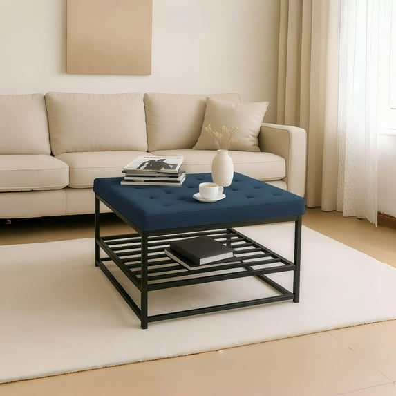 Square Storage Ottoman - Stylish Farmhouse Coffee Table with Sturdy Metal Shelf & Soft Tufted Fabric - 36 Inches Large Center Table for Living Room & Bedroom Foot Rest Navy Blue