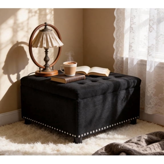REHOUSING Storage Ottoman Tufted Upholstered Lift Top Hidden Compartment Square Black Nailhead Trim 30 x 30 x 16.25 Inch