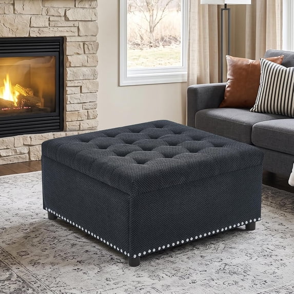 Square Storage Ottoman W/Corduroy fabric Versatile Coffee Table( 30",Black)