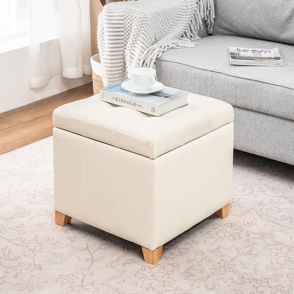 Square Storage Ottoman with Hinged Lid, 16" Upholstered Foot Stool & Seat for Entryway, Living Room, Faux Leather with Wood Legs (Ivory White)