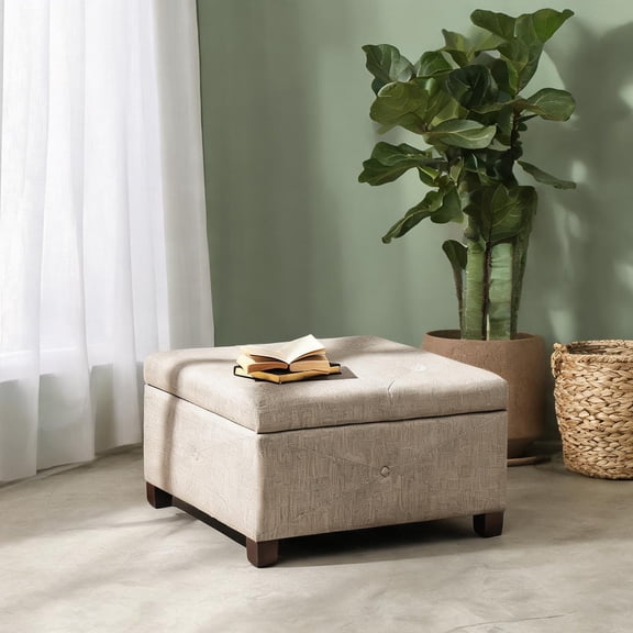 Square Storage Ottoman with Soft-Close Lid, Sand Polyester, Hidden Storage for Living Room