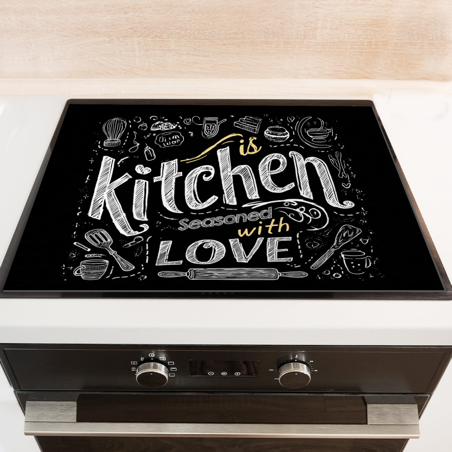 Square Stove Cover for Electric Cooktop, Kitchen with Love White and Black Print Foldable Glass Top Stove Cover, Non-slip Waterproof Dustproof Oilproof Mat for Kitchen RV (28×20 Inch)