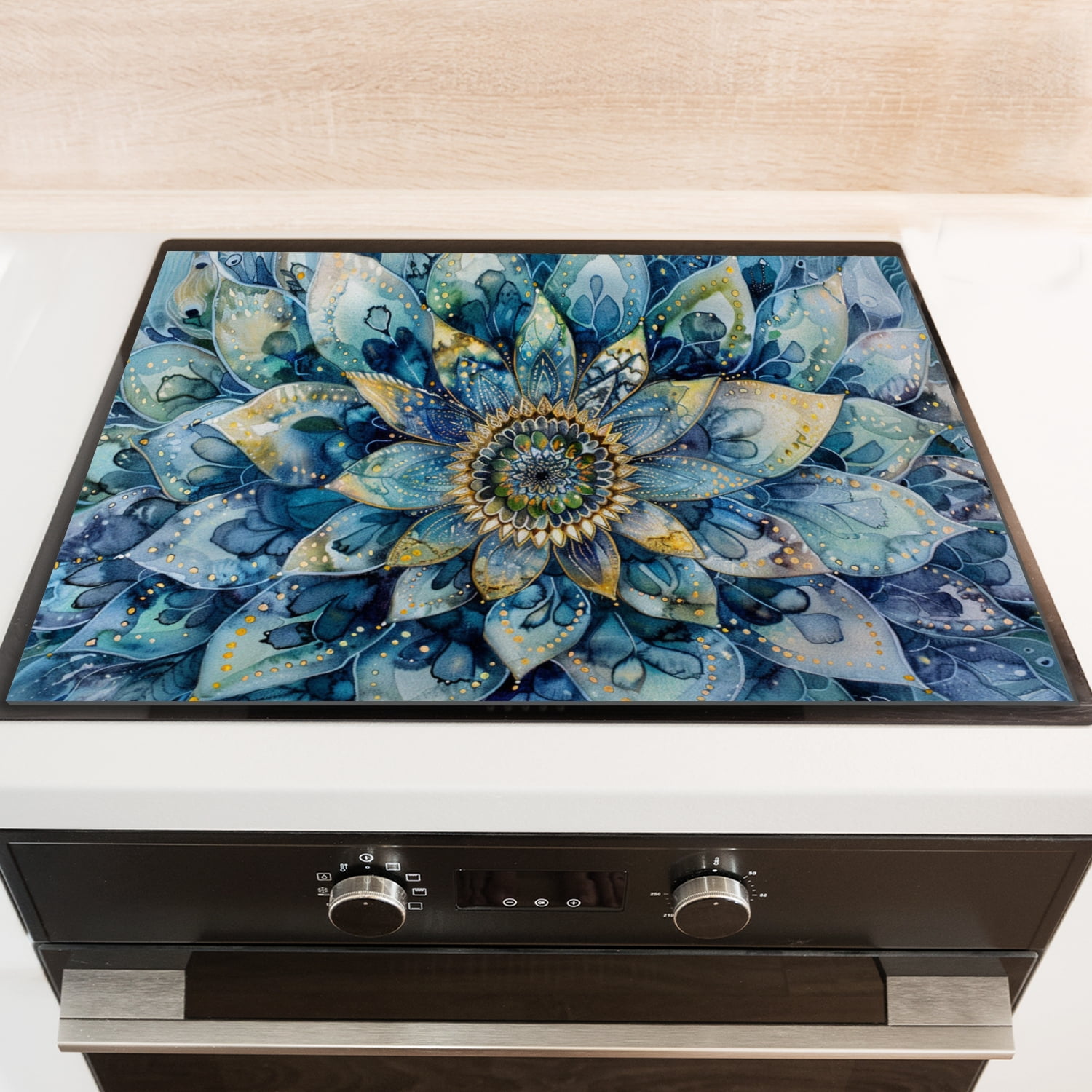 Square Stove Covers for Countertop, Blue Mandala Flower Intricate Print Waterproof Stovetop Cover, Foldable Glass Cooktop Protector Mat for Kitchen RV (28×20 Inch)