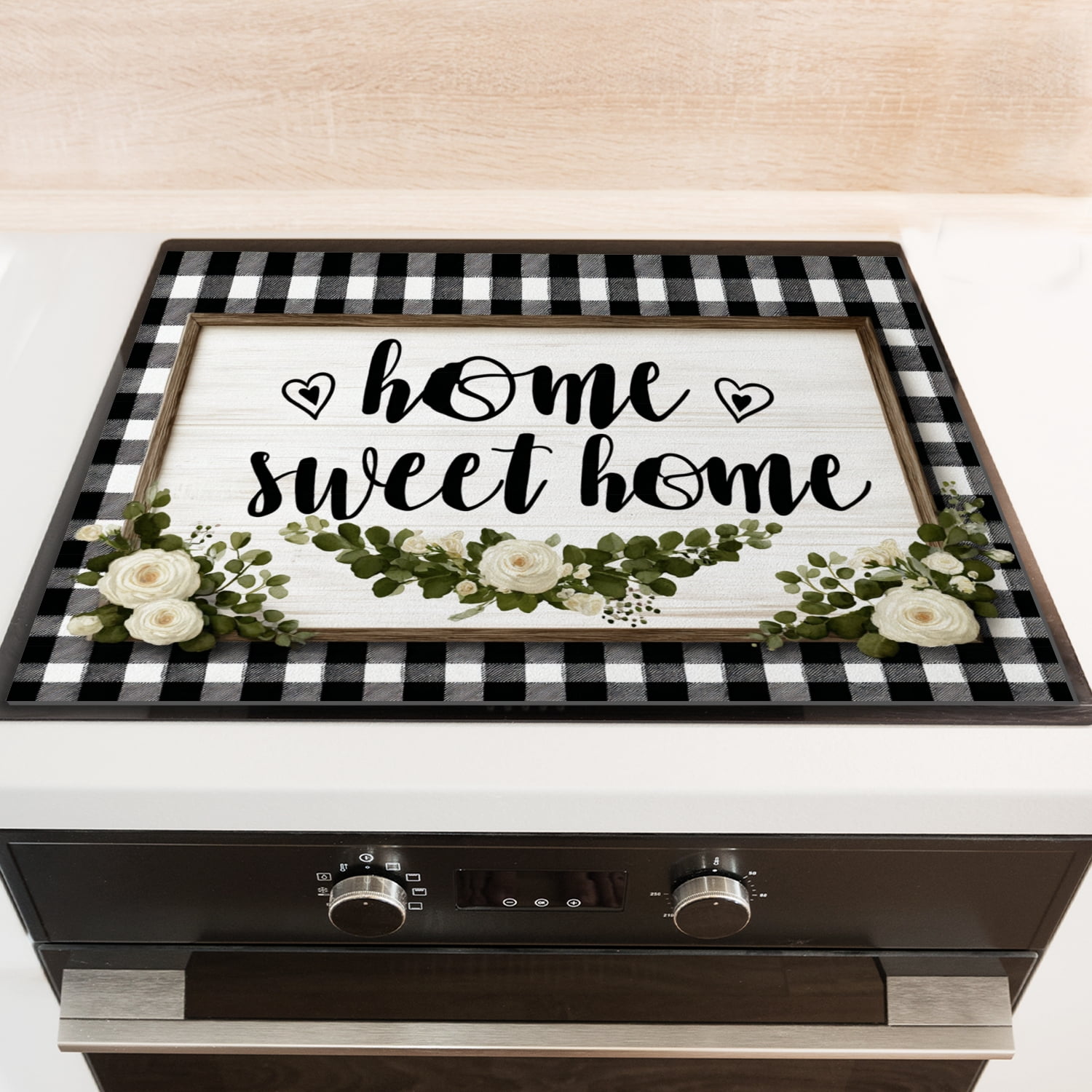 Square Stove Covers for Electric Stove, White and Black Grid Pattern Sweet Home Cooktop Cover Protector, Washable Glass Countertop Protector Mat for Kitchen RV (28×20 Inch)
