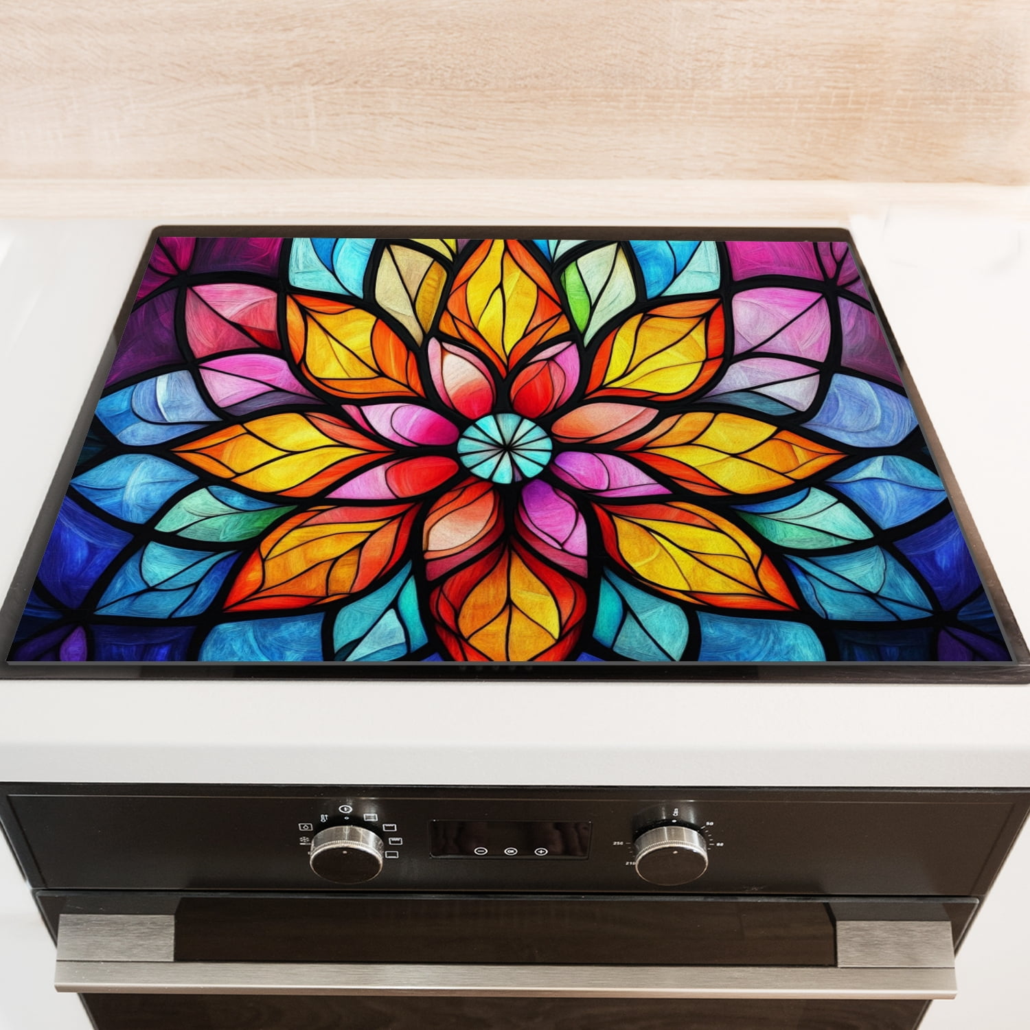 Square Stove Mat for Electric Stove, Mandala Flower Stained Glass Window Print Heat Resistant Glass Cooktop Cover, Multipurpose Protector Pad for Kitchen RV (28×20 Inch)