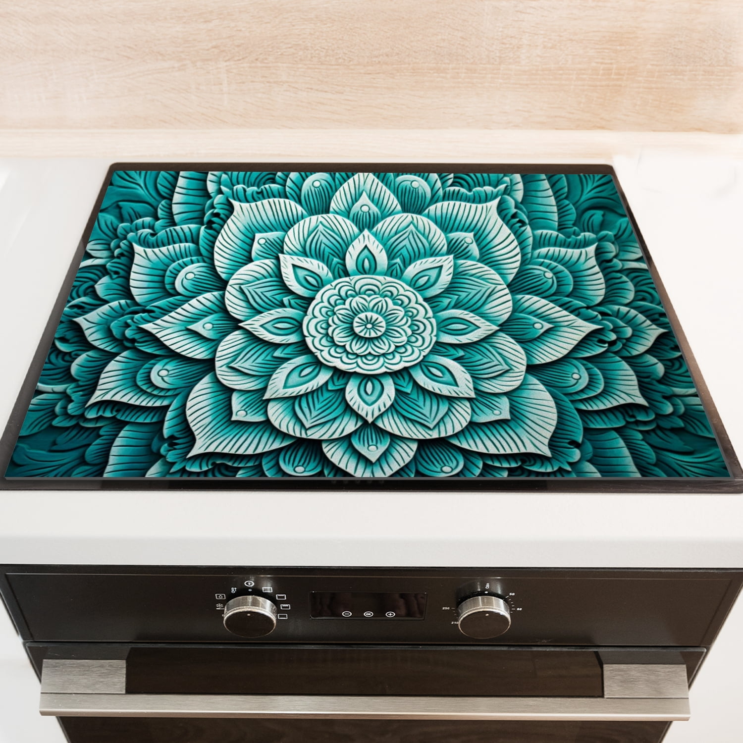 Square Stove Top Covers, Abstract Teal Flower Mandala Non-slip Heat Resistant Glass Induction Cooktop Protector Mat, Foldable Durable Pad for Kitchen RV (28×20 Inch)