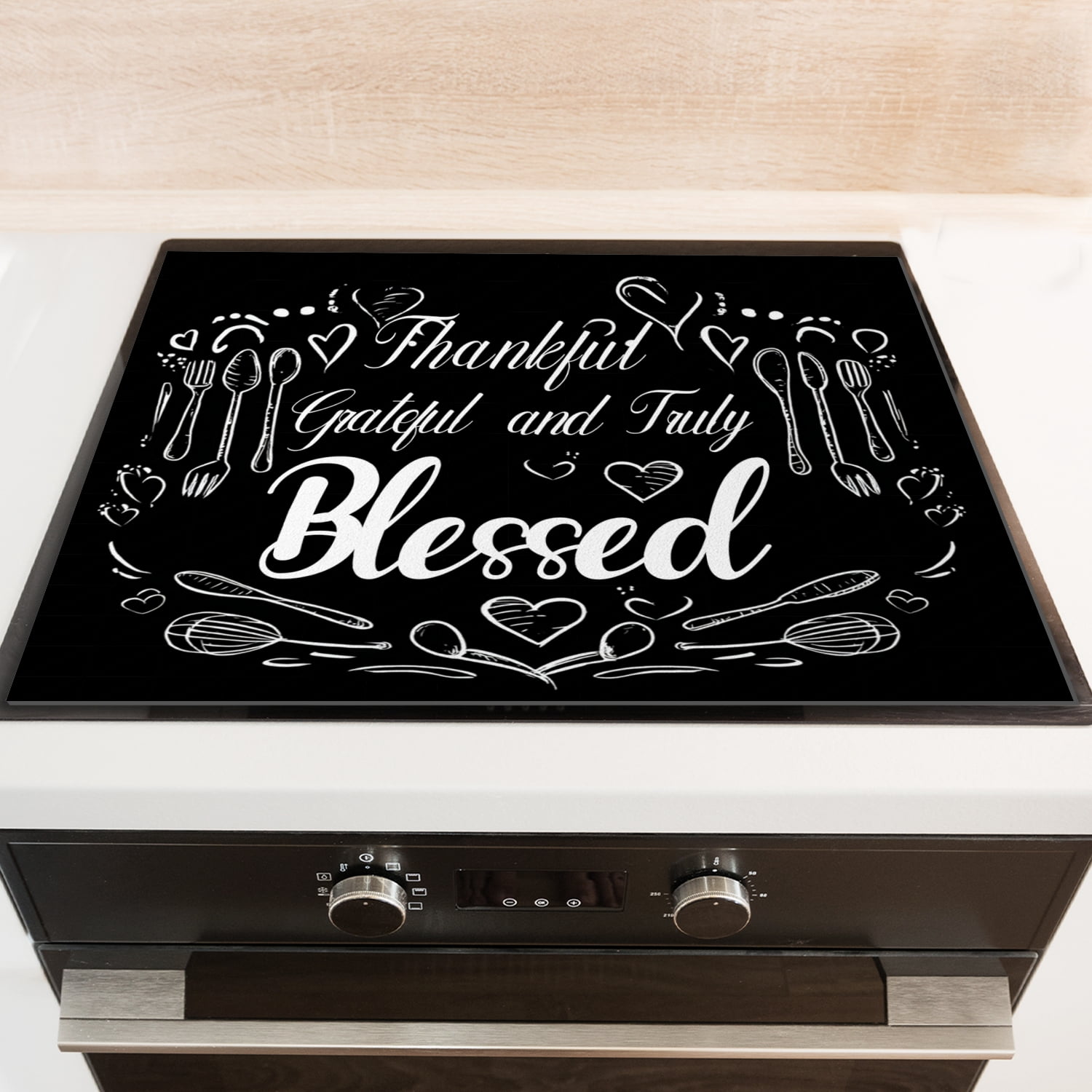 Square Stove Top Covers, Black and White Grateful Print Heatproof Oilproof Cooktop Protector Mat, Foldable Range Cover Pad for Kitchen RV (28×20 Inch)