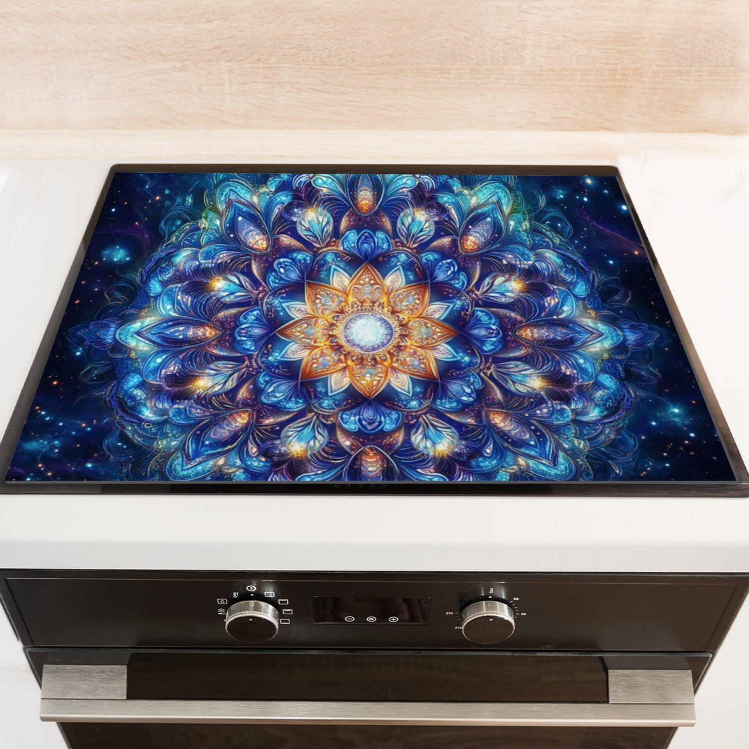 Square Stove Top Covers, Fantasy Blue Mandala Flower Heat Resistant Foldable Electric Stove Burner Covers, Glass Induction Stovetop Protector Mat for Kitchen RV (28×20 Inch)