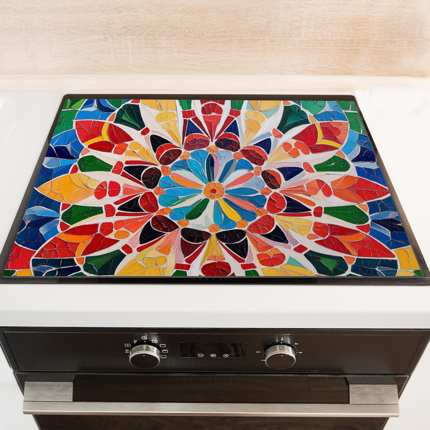 Square Stove Top Covers for Gas Burners, Abstract Mandala Colorful Print Glass Induction Cooktop Mat, Washable Foldable Range Cover Expands Usable Space for Kitchen RV (28×20 Inch)