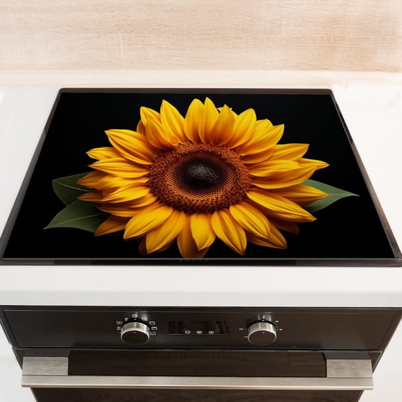 Square Stove Top Covers for Gas Burners, Blooming Sunflower on Black Background Non-slip Glass Induction Cooktop Protector Mat, Foldable Range Cover for Kitchen RV (2820 Inch)