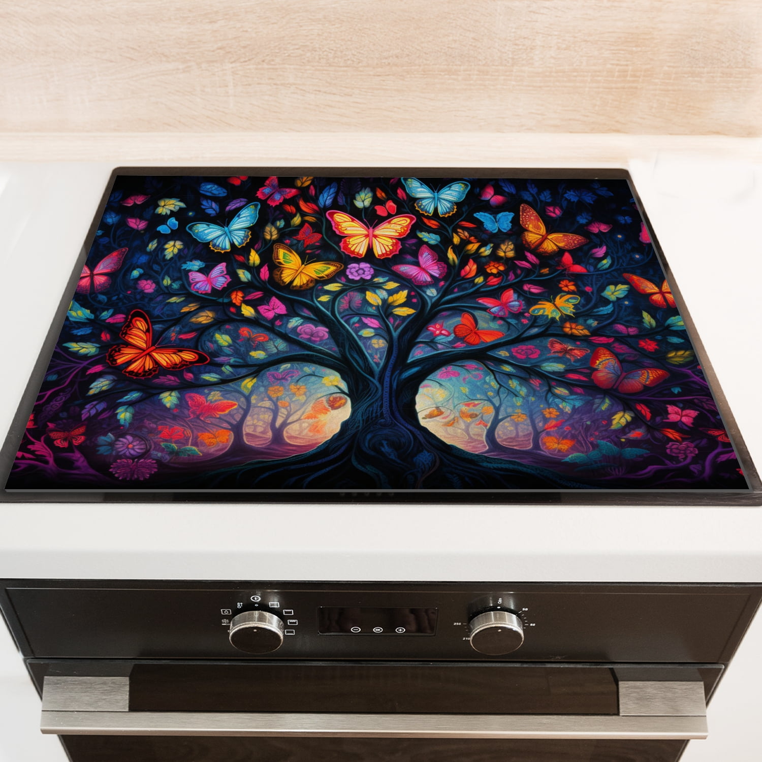 Square Stove Top Covers for Gas Burners, Butterfly Tree Heat Resistant Glass Induction Cooktop Protector Mat, Washable Foldable Range Cover for Kitchen RV (28×20 Inch)