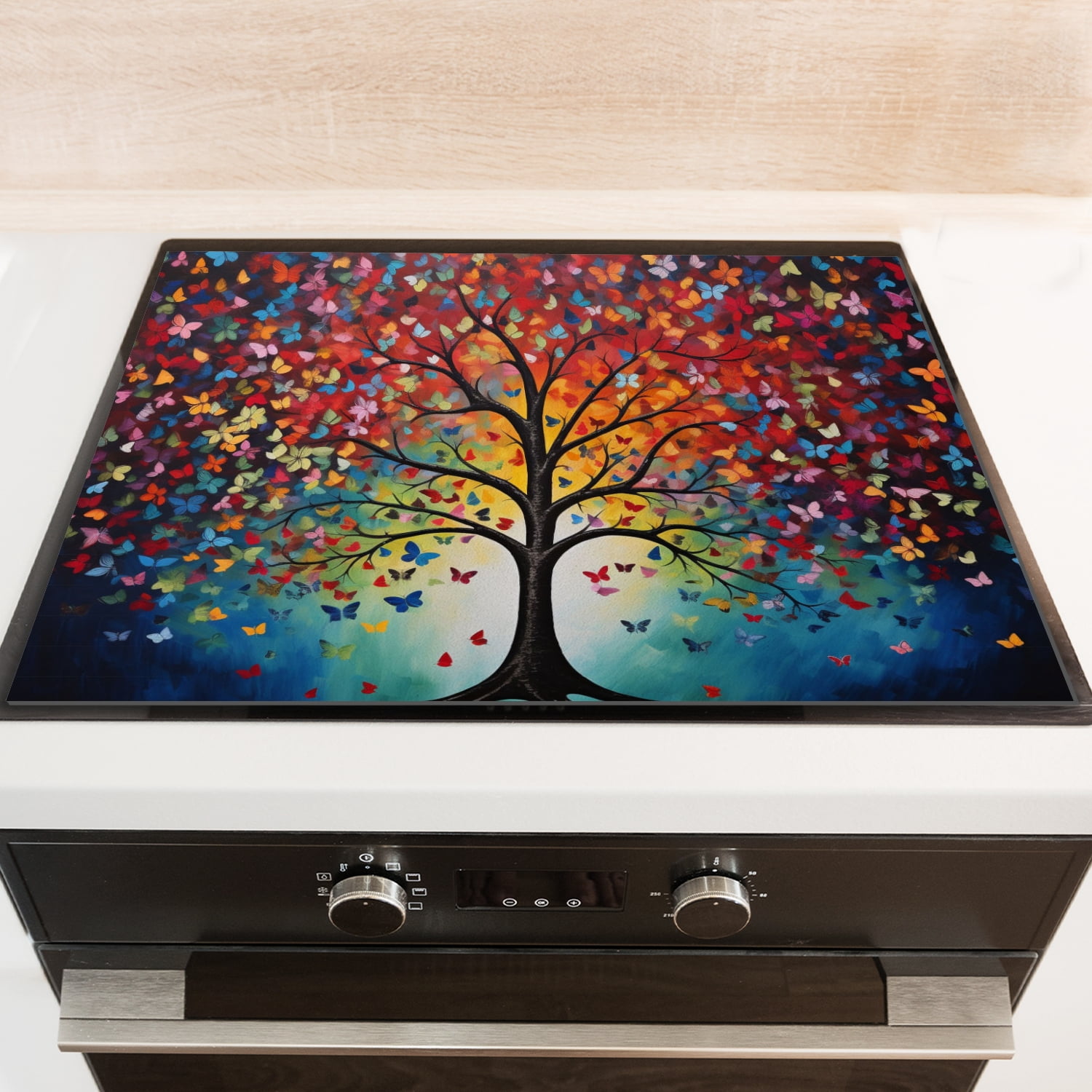 Square Stove Top Covers for Gas Stove, Colorful Tree and Butterfly Pattern Glass Cooktop Cover Protector, Foldable Glass Countertop Protector Mat for Kitchen RV (28×20 Inch)