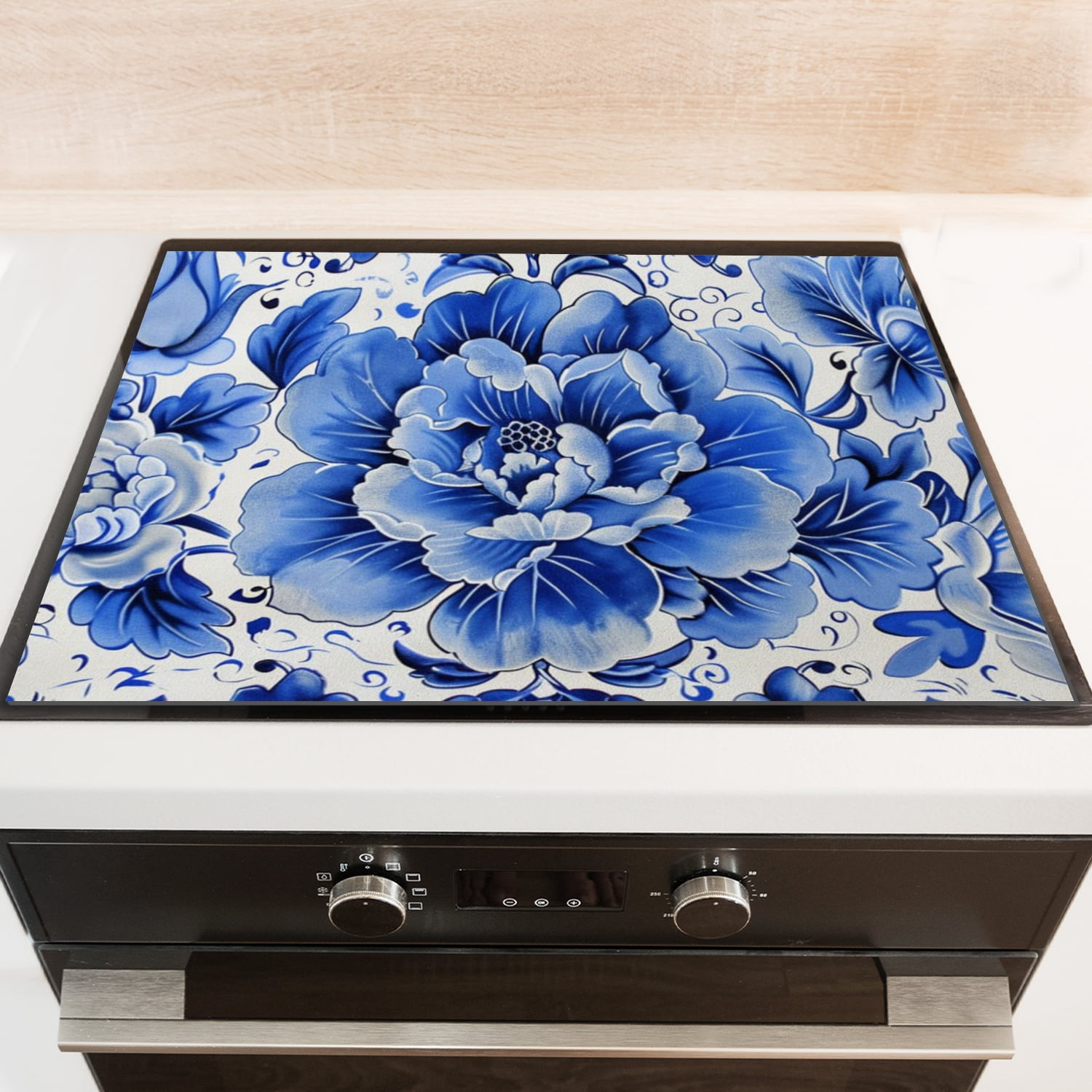 Square Stovetop Cover for Electric Stove, Blue And White Pattern With Peonies Washable Oven Covers, Dustproof Waterproof Oilproof Mat for Kitchen RV (28×20 Inch)