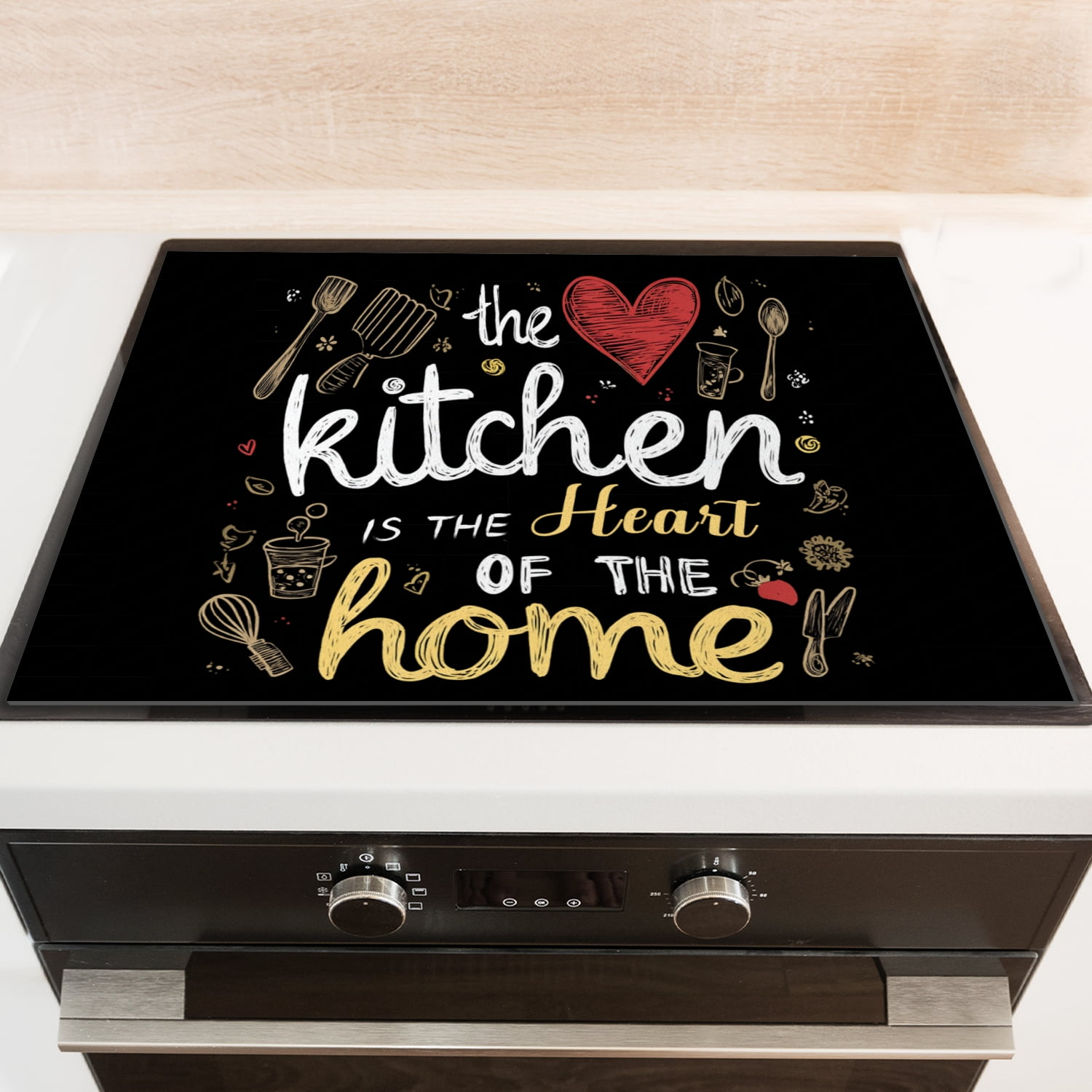 Square Stovetop Covers for Glasstop Stoves, Kitchen is The Heart of The Home Heart Print Non-slip Cooktop Cover, Washable Ceramic Stove Top Protector Mat for Kitchen RV (28×20 Inch)