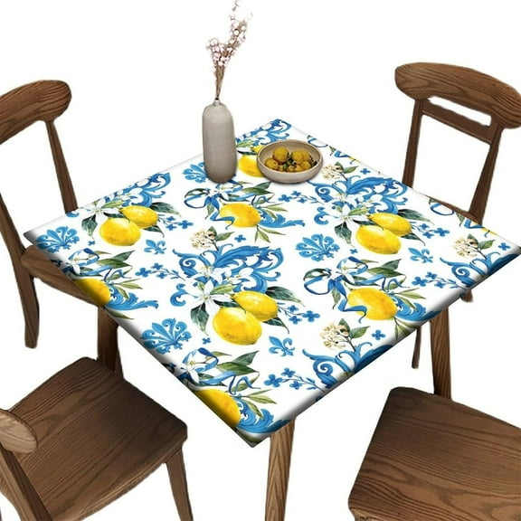 Square Stretchable Elastic Edge Tablecloth, Sunmmer Lemons Washable Wipeable Table Cloths, for Indoor Outdoor Garden Picnic Party, Fit for 36" x 36"Square Table