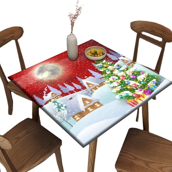 Square Stretchable Elastic Edge Tablecloth, Winter Christmas Red Background Polyester Wipeable Home Decor Table Cover, for Kitchen Dining Tabletop Decoration, 36 x 36 Inch Square Table