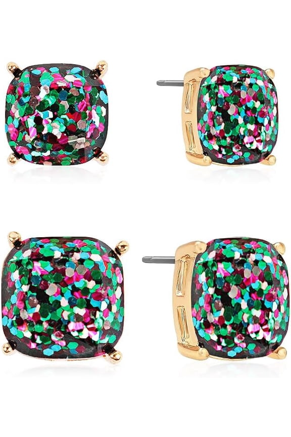 Square Stud Earrings for Women - Sparkly Glitter Statement Cushion Cut Post Studs Set[z783]