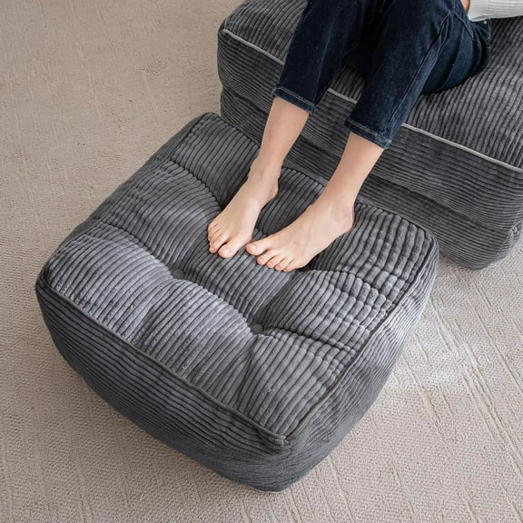 Square Stuffed Pouf Ottoman, Corduroy Poufs with Foam Chunk Filling, Furry and Fluffy Pouf Foot Stool Storage Ottoman, 21 X 21 Floor Poufs Foot Rest for Living Room, Dark Grey
