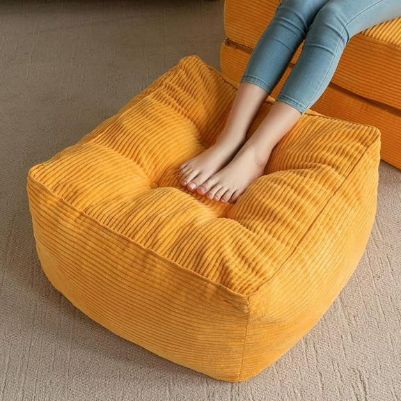 Square Stuffed Pouf Ottoman, Corduroy Poufs with Foam Chunk Filling, Furry and Fluffy Pouf Foot Stool Storage Ottoman, 25.6 X 25.6 Floor Poufs Foot Rest for Living Room, Orange