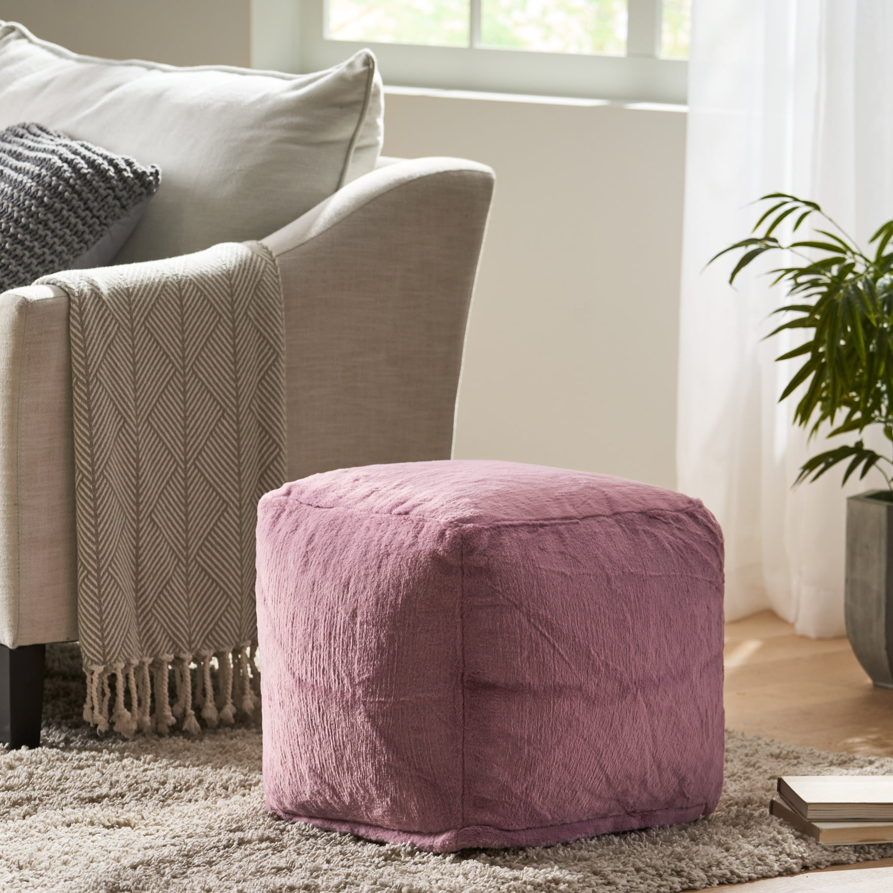 Square Stuffed Pouf Ottoman, Faux Fur Cube Pouf, Sherpa Foot Stool with  Filler Fuzzy Chair for Living Room, Bedroom, Play Room, 20 x 20 x 17,  Charcoal Grey 