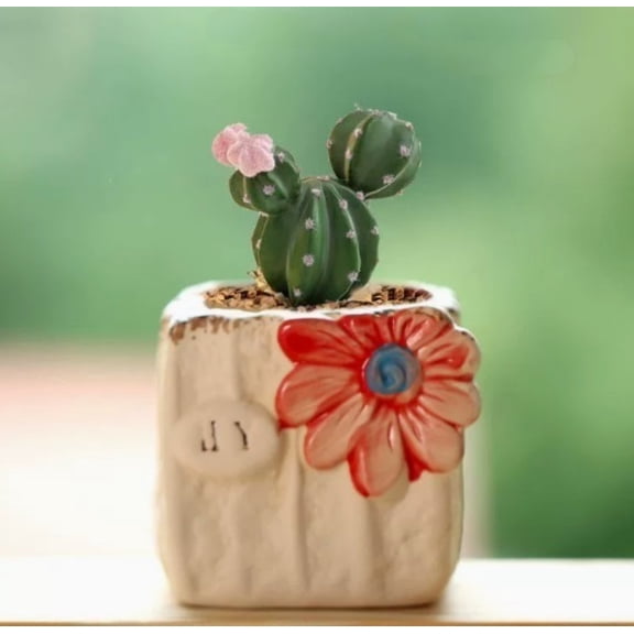 Square Sunflower Chunky Clay Thumb Pot  Hand-Held Basket Planter for Indoor Succulents, Cacti & Air Plants, Ceramic Small Plant Pot with Drainage Hole, Rustic Desk & Shelf Decor