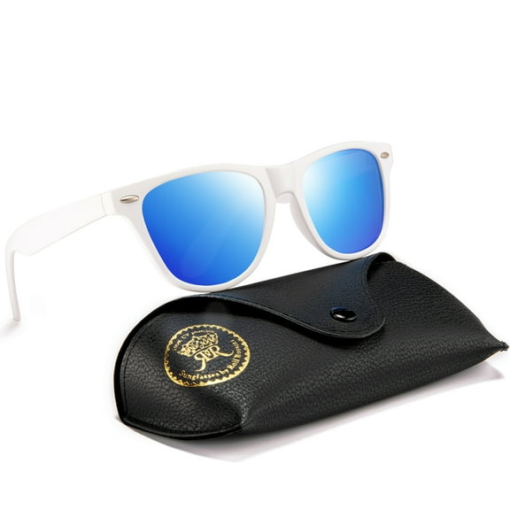 Square Sunglasses for Men Polarized Women Retro Shades with Case UV400 Protection From Rocf Rossini ( White Frame Blue Lens )