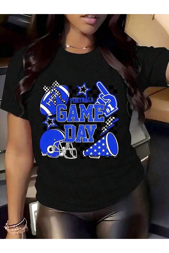 Square T-Shirt Blue Football Game Day Graphic Print Sports Fan Apparel,220g-- | Exquisite Design | Loose And Comfortable | Easy To Match |