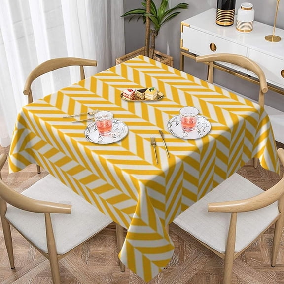Square Table Cloth, Girly Yellow White Zig Zag Chevron Pattern Tablecloth Washable Dinng Table Covers Decorative for Kitchen & Table Linens 52" x 52"