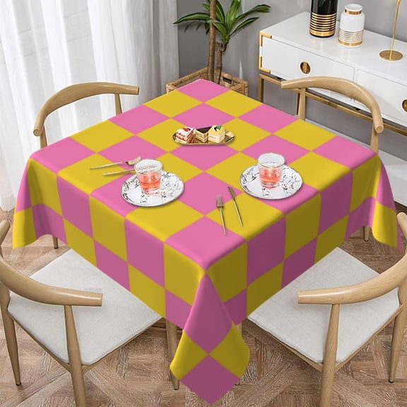 Square Table Cloth, Pink Yellow Checkered Pattern Tablecloths Washable Table Cover for Kitchen Dinning Party Tabletop Modern Decoration,52inch