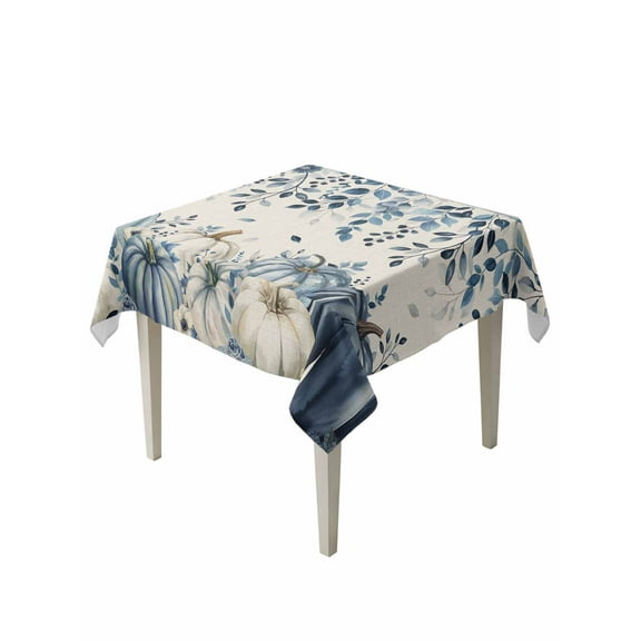 Square Tablecloth 54 x 54 Inches Autumn Thanksgiving Blue Pumpkins Leaves Waterproof & Stain Resistance Table Cloth Decorative Fabric Table Cover for Dinning/Party/Buffet/Banquet