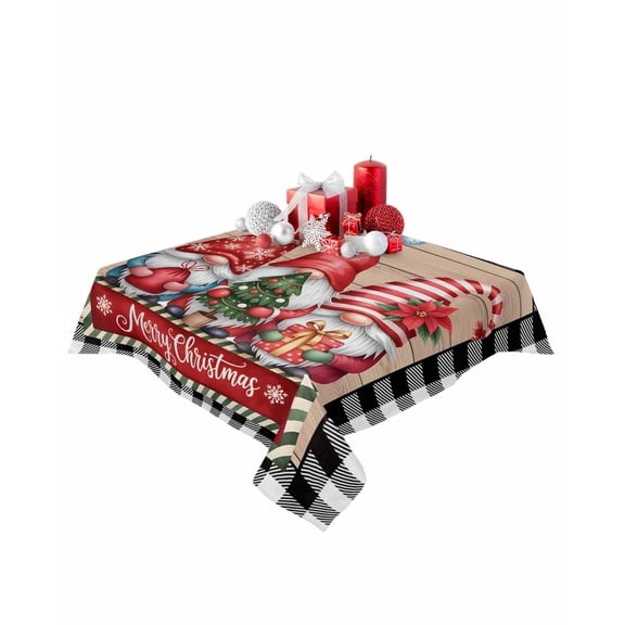 Square Tablecloth 54 x 54 Inches Christmas Gnomes Black Plaid Waterproof & Stain Resistance Table Cloth Decorative Fabric Table Cover for Dinning/Party/Buffet/Banquet