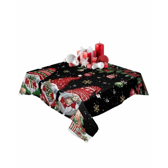Square Tablecloth 54 x 54 Inches Christmas Gnomes Holly Leaves Snowflakes Black Waterproof & Stain Resistance Table Cloth Decorative Fabric Table Cover for Dinning/Party/Buffet/Banquet