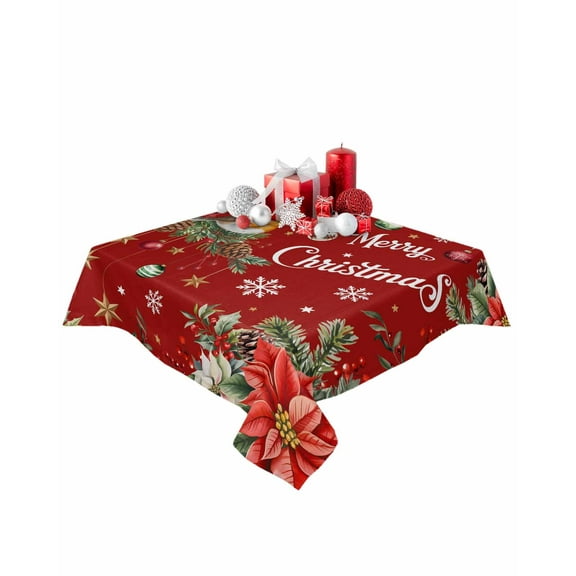 Square Tablecloth 54 x 54 Inches Christmas Poinsettia Bird Red Texture Waterproof & Stain Resistance Table Cloth Decorative Fabric Table Cover for Dinning/Party/Buffet/Banquet