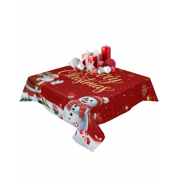 Square Tablecloth 54 x 54 Inches Christmas Santa Claus Snowman Snowflakes Red Waterproof & Stain Resistance Table Cloth Decorative Fabric Table Cover for Dinning/Party/Buffet/Banquet