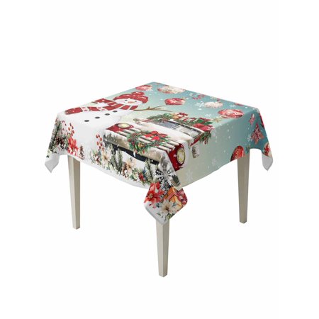 Square Tablecloth 54 x 54 Inches Christmas Snowman Red Xmas Balls Truck Snowflake Turquoise Waterproof & Stain Resistance Table Cloth Decorative Fabric Table Cover for Dinning/Party/Buffet/Banquet