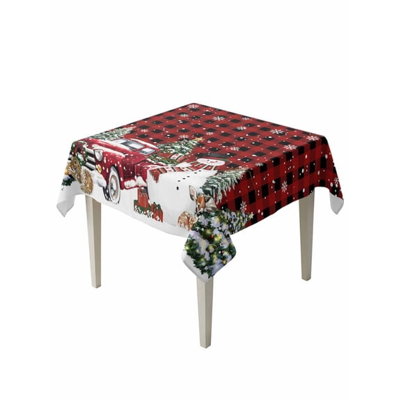 Square Tablecloth 54 x 54 Inches Christmas Snowman Truck Snowflake Plaid Waterproof & Stain Resistance Table Cloth Decorative Fabric Table Cover for Dinning/Party/Buffet/Banquet