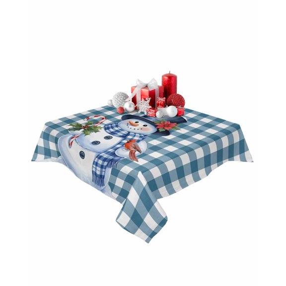 Square Tablecloth 54 x 54 Inches Christmas Snowman Vintage Blue Plaid Waterproof & Stain Resistance Table Cloth Decorative Fabric Table Cover for Dinning/Party/Buffet/Banquet