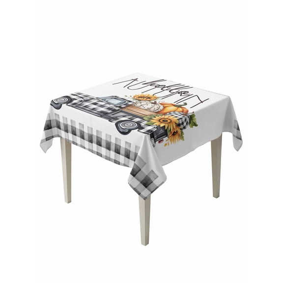 Square Tablecloth 54 x 54 Inches Fall Thanksgiving Pumpkins Truck Black Plaid Waterproof & Stain Resistance Table Cloth Decorative Fabric Table Cover for Dinning/Party/Buffet/Banquet