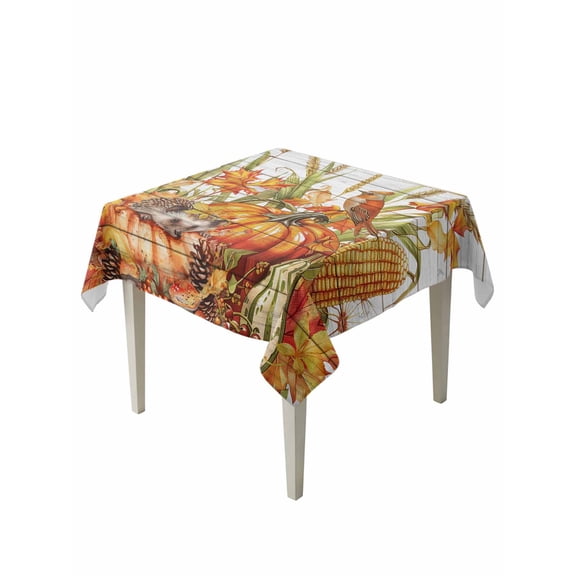 Square Tablecloth 54 x 54 Inches Fall Thanksgiving Robin Wheat Hedgehog Pumpkins White Wood Grain Waterproof Table Cloth Decorative Fabric Table Cover for Dinning/Party/Buffet/Banquet