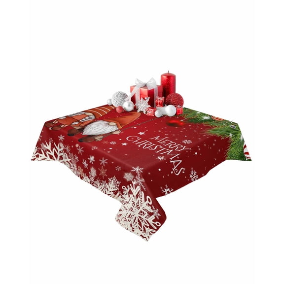 Square Tablecloth 54 x 54 Inches Merry Christmas Gnome Couple Snowflakes Red Waterproof & Stain Resistance Table Cloth Decorative Fabric Table Cover for Dinning/Party/Buffet/Banquet