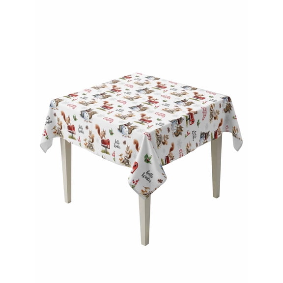 Square Tablecloth 54 x 54 Inches Merry Christmas Squirrels Mailbox Mushroom Pattern Waterproof & Stain Resistance Table Cloth Decorative Fabric Table Cover for Dinning/Party/Buffet/Banquet